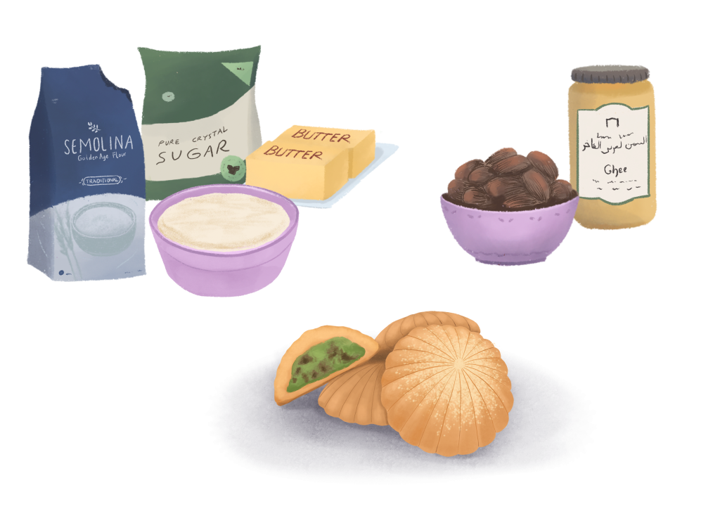 illustrated ingredients to make eid cookies from picture book cookies and crescents